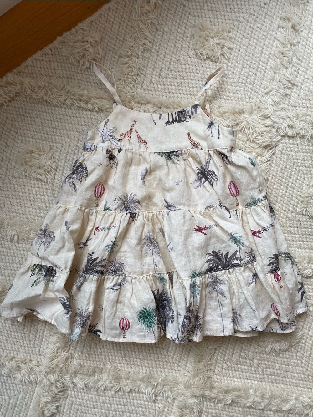 Heirloom quality 100% linen Girls' Cream jungle Print Tiered Sundress